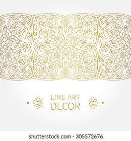 Vector ornate seamless border in Eastern style. Line art element for design, place for text. Ornamental vintage frame for wedding invitations and greeting cards. Traditional golden decor.