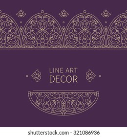 Vector ornate seamless border in Eastern style. Floral outline element for design. Line art vintage frame for invitations, birthday and greeting cards, certificate. Oriental beige decor.
