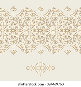 Vector ornate seamless border in Eastern style. Floral outline element for design. Line art vintage frame for invitations, birthday and greeting cards, certificate. Oriental monochrome decor.