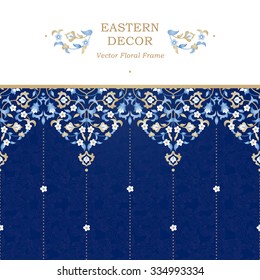 Vector ornate seamless border in Eastern style. Bright element for design. Floral vintage pattern for invitations, birthday and greeting cards, wallpaper. Traditional arabic decor on blue background.