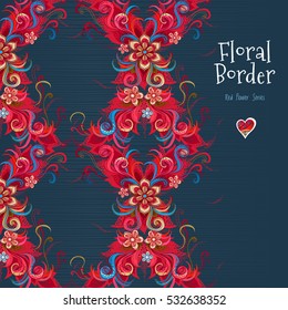 Vector ornate seamless border. Romantic floral decor. Template vintage frame for invitation, thank you message, Valentine's Day greeting card. Red flowers, garland, heart with place for text.