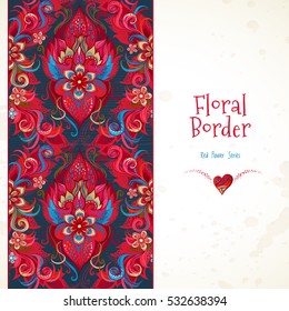 Vector ornate seamless border. Romantic floral decor. Template vintage frame for invitation, thank you message, Valentine's Day greeting card. Red flowers, garland, heart with place for text.