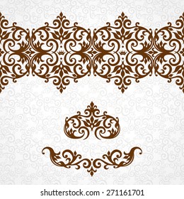 Vector ornate seamless border in Victorian style. Gorgeous element for design. Ornamental vintage pattern for wedding invitations, birthday and greeting cards.Traditional contrast decor. Vector ornate seamless border in Victorian style. Gorgeous element for design. Ornamental vintage pattern for wedding invitations, birthday and greeting cards.Traditional contrast decor.