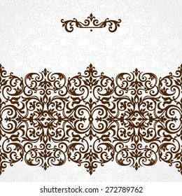 Vector ornate seamless border in Victorian style. Gorgeous element for design, place for text. Ornamental vintage pattern for wedding invitations, birthday and greeting cards. Traditional black decor.