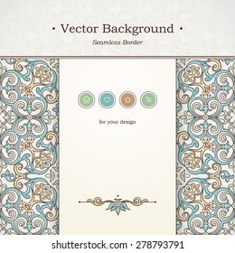Vector ornate seamless border in Victorian style. Web page design template, web site design. Outline floral element, place for text. Easy to use, layered. Ornamental vintage frame. Traditional decor.