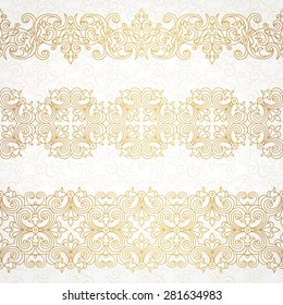 Vector ornate seamless border in Victorian style. Gorgeous element for design. Ornamental vintage pattern for wedding invitations, birthday and greeting cards. Traditional outline decor.