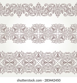Vector ornate seamless border in Victorian style. Element for design, place for text. Ornamental vintage pattern for wedding invitations, birthday and greeting cards. Traditional outline decor.