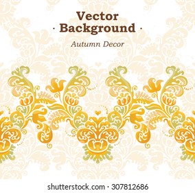 Vector ornate seamless border in Victorian style. Bright element for design, place for text. Concept autumn background. Ornamental vintage pattern. Traditional pastel decor.