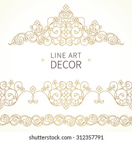 Vector ornate seamless border and vignette in Eastern style. Outline element for design. Line art vintage pattern for invitations, birthday and greeting cards, certificate. Traditional golden decor.