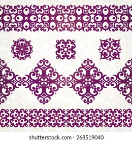 Vector ornate seamless borders in Eastern style. Ornate element for design, place for text. Ornamental vintage frame for wedding invitations and greeting cards. Traditional purple decor.