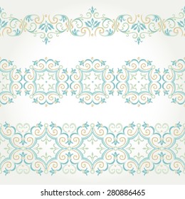 Vector ornate seamless borders in Eastern style. Gorgeous element for design, place for text. Ornamental vintage pattern for wedding invitations, birthday and greeting cards. Traditional pastel decor.