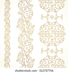Vector ornate seamless borders in Eastern style. Outline element for design. Line art vintage frame for invitations, birthday and greeting cards, certificate. Traditional golden decor.
