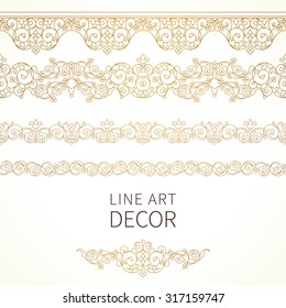 Vector ornamentado bordas sem costura em estilo oriental. Elemento de contorno floral para design. Moldura vintage de arte de linha para convites, cartões de aniversário e saudação, certificado. Decoração oriental dourada.