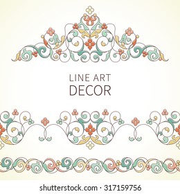Vector ornate seamless borders and vignette in Eastern style. Outline element for design. Pastel vintage pattern for invitations, birthday and greeting cards, certificate. Traditional colorful decor.