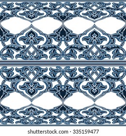 Vector ornate seamless floral pattern in Eastern style. Ornamental vintage pattern for wedding invitations, birthday and greeting cards. Traditional vintagel decor blue and white colors.