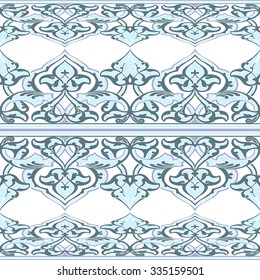 Vector ornate seamless floral pattern in Eastern style. Ornamental vintage pattern for wedding invitations, birthday and greeting cards. Traditional vintagel decor light blue and white colors.