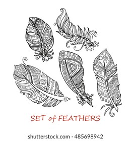 Vector Ornate Set of Stylized and Abstract Zentangle Feathers. Elements for Design and Coloring Pages.