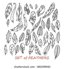 Vector Ornate Set of Stylized and Abstract Feathers. Elements for Design and Coloring Pages.