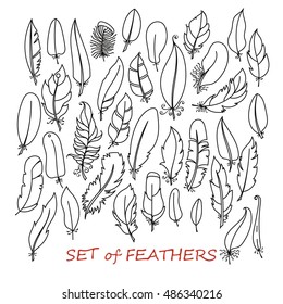 Vector Ornate Set of Stylized and Abstract Feathers. Elements for Design and Coloring Pages.