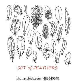 Vector Ornate Set of Stylized and Abstract Feathers. Elements for Design and Coloring Pages.