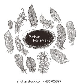 Vector Ornate Set of Stylized and Abstract Feathers. Elements for Design and Coloring Pages.