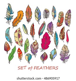 Vector Ornate Set of Stylized and Abstract Feathers. Elements for Design and Coloring Pages.