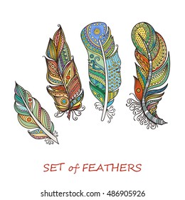 Vector Ornate Set of Stylized and Abstract Feathers. Elements for Design and Coloring Pages.