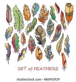 Vector Ornate Set of Stylized and Abstract Feathers. Elements for Design and Coloring Pages.