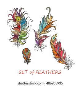 Vector Ornate Set of Stylized and Abstract Feathers. Elements for Design and Coloring Pages.