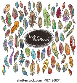 Vector Ornate Set of Stylized and Abstract Feathers. Elements for Design and Coloring Pages.