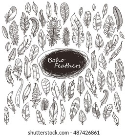Vector Ornate Set of Stylized and Abstract Feathers. Elements for Design and Coloring Pages.