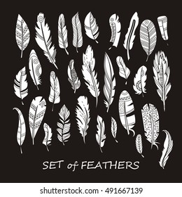 Vector Ornate Set of Stylized and Abstract Silhouette Feathers. Elements for Design and Coloring Pages.