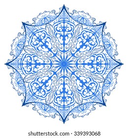 Vector ornate snowflake. Blue mandala