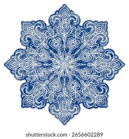 Vector ornate snowflake flower on a blue watercolor textured background 