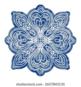 Vector ornate snowflake flower on a blue watercolor textured background 