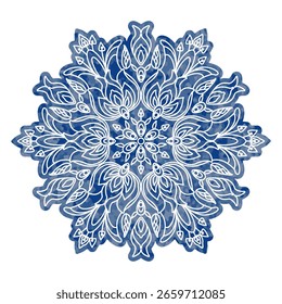 Vetor ornamentado floco de neve flor em um fundo texturizado de aquarela azul 