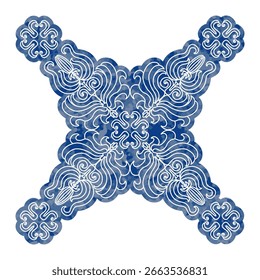 Vector ornate snowflake flower on a blue watercolor textured background 