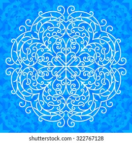 Vector ornate snowflake on the symmetrical polygonal background.
