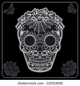 Vector Ornate Sugar Skull. Black and White Ornament