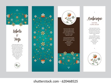 Vector ornate vertical cards in Eastern style. Turquoise floral decor. Template vintage frame for card, invitation, thank you message, bookmarks. Colorful labels, tags with place for text.