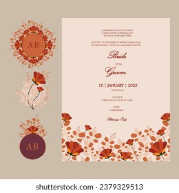 Vector Ornate Vertical Wedding Invitation and Stickers in Fall color palette. Template for Wedding Invitations, stickers, seals, name initials, name tags, floral frames etc with place for texts.