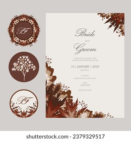 Invitación a la boda vertical orgánica vectorial y pegatinas en la paleta de color otoño. Plantilla para invitaciones de boda, pegatinas, sellos, iniciales de nombre, etiquetas de nombre, marcos florales, etc con lugar para los textos.