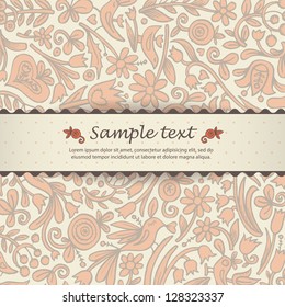 Vector ornate wallpaper with discreet floral ornaments. Vector ornamental theme. Greeting card or invitation. Decorative motive with flowers and birds.