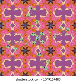 Vector ornate zentangle seamless texture, pattern with abstract floral mandalas on purple, orange and pink colors. Can be used for wallpaper, web page. Summer seamless pattern with stylized flowers.