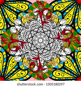 Vector ornate zentangle seamless texture, pattern with abstract floral mandalas on black, white and yellow colors. Summer seamless pattern with stylized flowers. Can be used for wallpaper, web page.