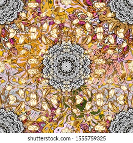 Vector ornate zentangle seamless texture, pattern with abstract floral mandalas on yellow and white colors. Summer seamless pattern with stylized flowers. Yellow. Can be used for wallpaper, web page.