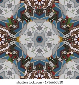 Vector ornate zentangle seamless texture, pattern with abstract floral mandalas on gray, blue and brown colors. Summer seamless pattern with stylized flowers. Can be used for wallpaper, web page.