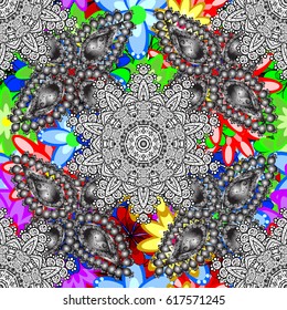 Vector ornate zentangle seamless texture, pattern with abstract floral mandalas on background. Can be used for wallpaper, pattern fills, web page. Summer seamless pattern with stylized flowers.