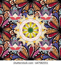 Vector ornate zentangle seamless texture, pattern with abstract floral mandalas on colorful background. Can be used for wallpaper, web page. Summer seamless pattern with stylized flowers.