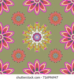 Vector ornate zentangle seamless texture, pattern with abstract floral mandalas on neutral, pink and beige colors. Can be used for wallpaper, web page. Summer seamless pattern with stylized flowers.